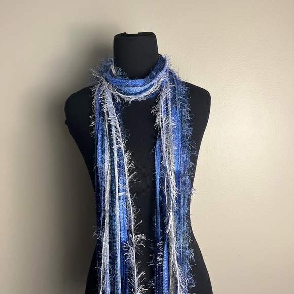 Blue and White Fringed Scarf - Picture 3 of 7